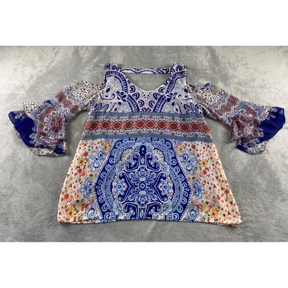 Coco Bianco Womens XL Cold Shoulder Paisley Floral Tiered Bell Sleeve Blouse
